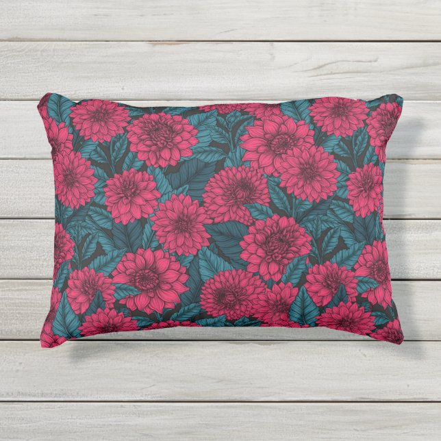 Coussin D'extérieur Jardin de Dahlia Rouge/feuilles bleus (Devant)