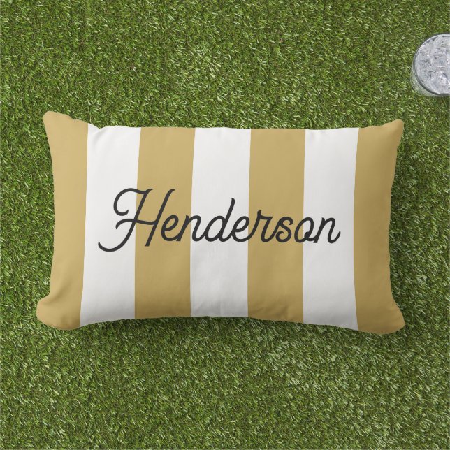 Coussin D'extérieur Jaune Moutarde et Blanc Cabana Rayé Monogrammé (Herbe)