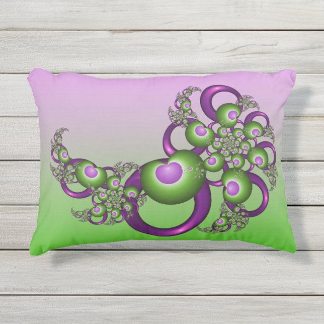 Coussin D'extérieur Jolis cœurs verts roses modernes abstraits fractal (Devant)