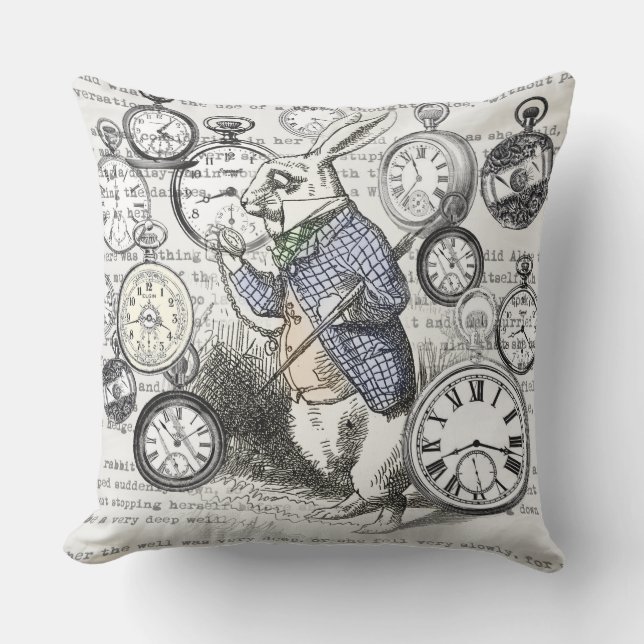Coussin D'extérieur Lapin Blanc Alice au Pays des Merveilles Horloges  (Recto)