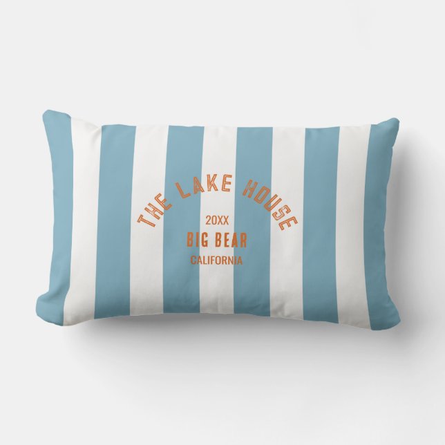 Coussin D'extérieur Le Lake House Orange Crest Blue Nautical Stripe (Recto)