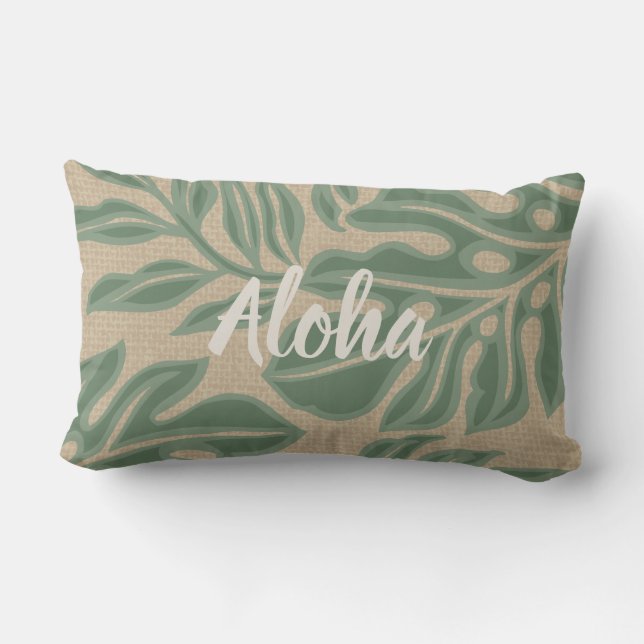 Coussin D'extérieur Leaf Tiki Sage Green Hawaiian Tropical Reversible (Verso)