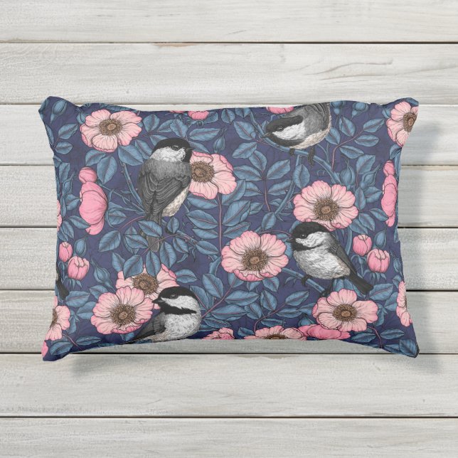 Coussin D'extérieur Les poulets dans le rose sauvage en rose et bleu (Devant)