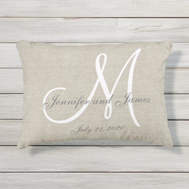 Coussin D'extérieur Linge beige Gris Blanc Monogramme Mariage Keepsaké (Devant)