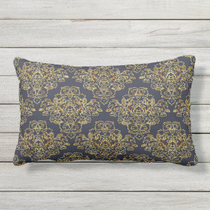 Coussin D'extérieur Luxe, vintage, élégant, bleu marine, or, floral
