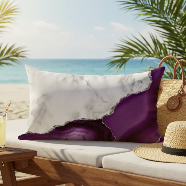 Coussin D'extérieur Marbre Blanc Agate Violette Paillettes Argentées E (Créateur téléchargé)