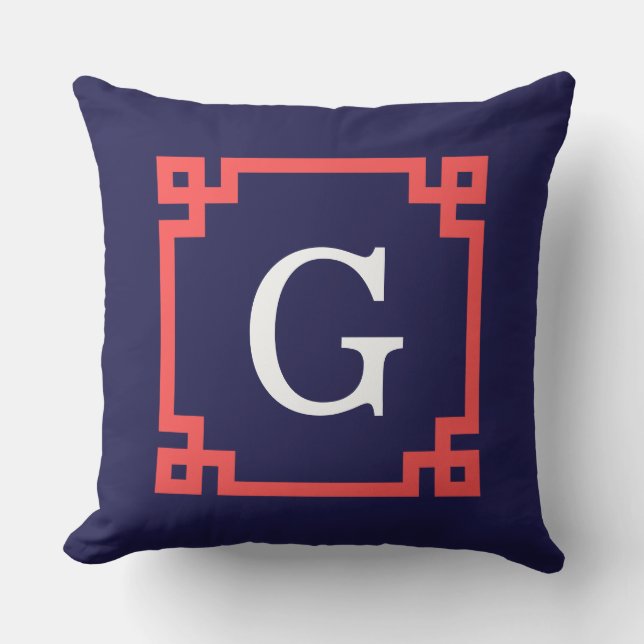 Coussin D'extérieur Marine, cadre monogramme initial grec clé corail r (Recto)