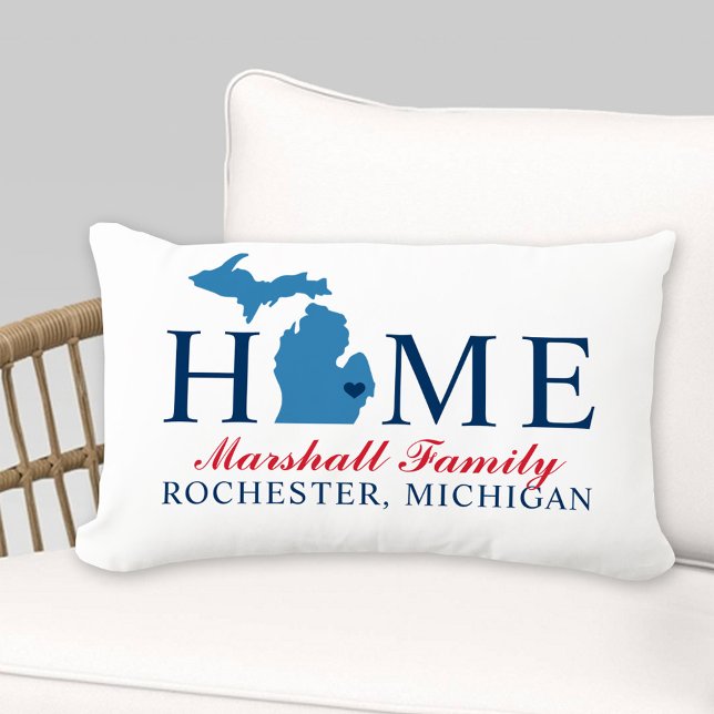 Coussin D'extérieur Michigan Maison État Bleu Script Famille (Créateur téléchargé)