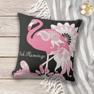 Coussin D'extérieur Mignon Chic Flamant Rose à Motifs Paisley Noirs