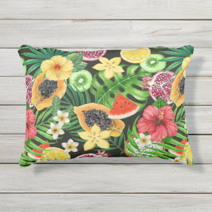 Coussin D'extérieur Mix-fruits tropicaux, fleurs et feuilles en noir