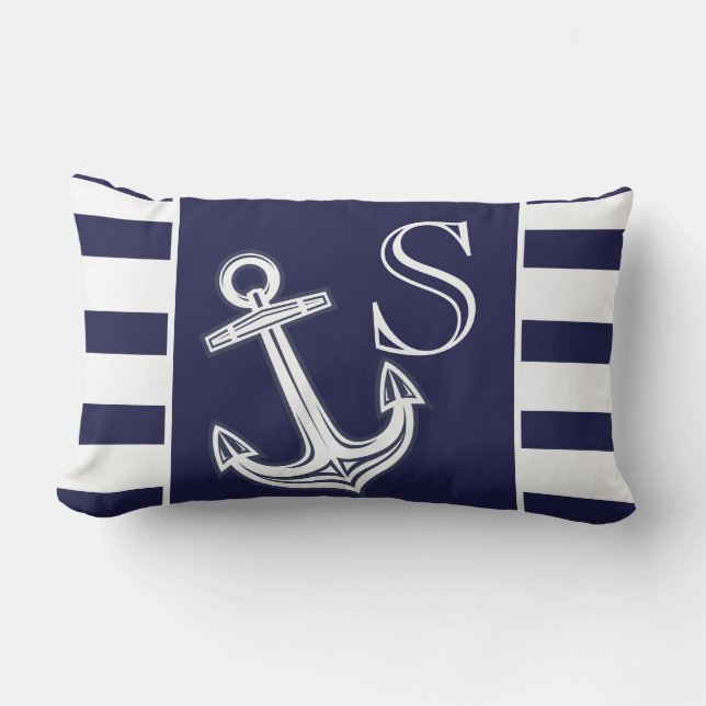 Coussin D'extérieur Monogramme Ancre marine Bleu Bleu Bandes blanches (Recto)