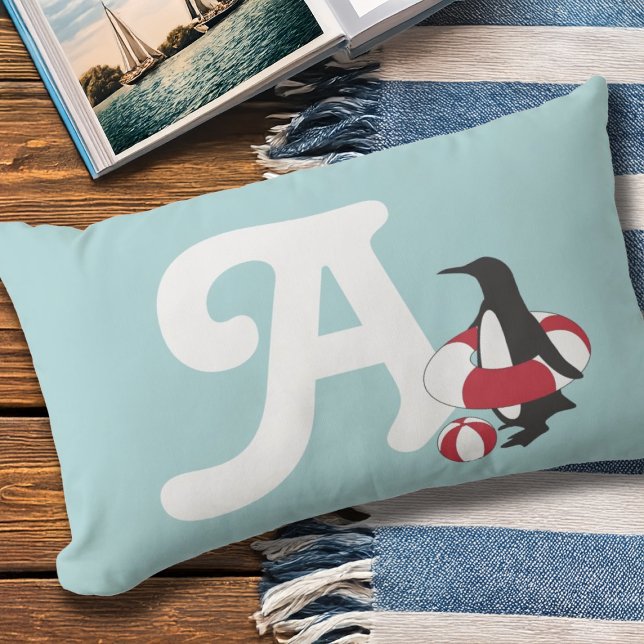 Coussin D'extérieur Monogramme bleu clair Pingouin mignon Enfants Exté (Créateur téléchargé)