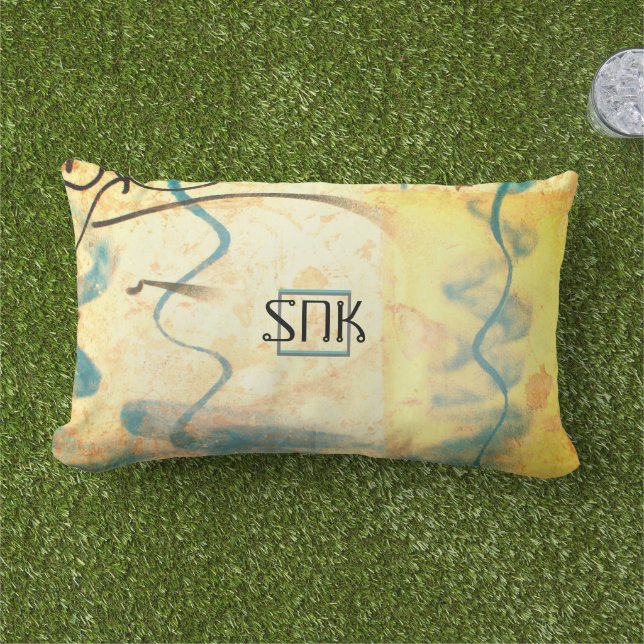 Coussin D'extérieur Monogramme bleu jaune rue art moderne Initiales (Herbe)