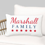 Coussin D'extérieur Monogramme de famille bleu de la Marine patriotiqu<br><div class="desc">Accueil accent lumbar coussin est doté d'un monogramme de nom de famille / nom de famille personnalisé dans des couleurs patriotiques rouge,  blanc et bleu marine.</div>
