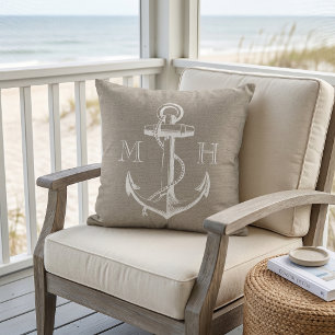 Coussin D'extérieur Monogramme de Mariage d'Ancre Vintage rustique