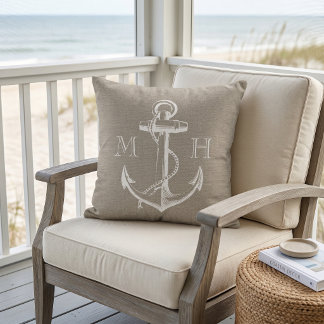 Coussin D'extérieur Monogramme de mariage d'ancre vintage rustique