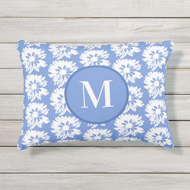Coussin D'extérieur Monogramme d'été rectangulaire bleu et blanc (Devant)