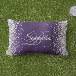 Coussin D'extérieur Monogramme fantaisie argent pailleté violet foncé