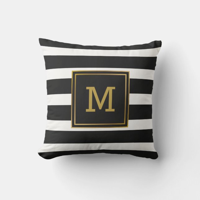 Coussin D'extérieur Monogramme moderne d'or noir et blanc de rayure (Recto)