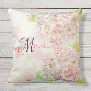 Coussin D'extérieur Monogramme rose romantique d'hortensia et de