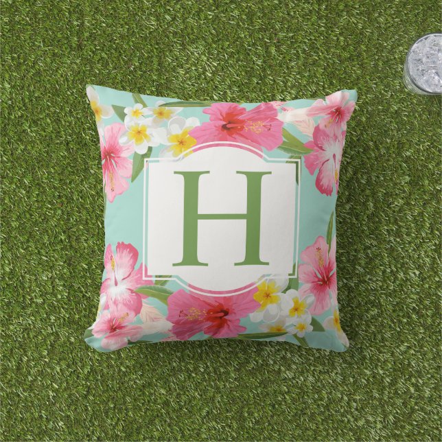 Coussin D'extérieur Monogramme sur mesure Motif Aqua rose (Herbe)