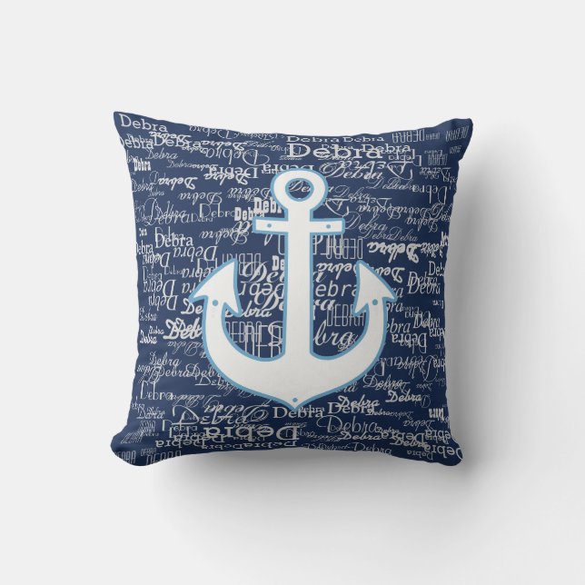 Coussin D'extérieur motif blanc des noms et ancre de bateau, en bleu (Recto)