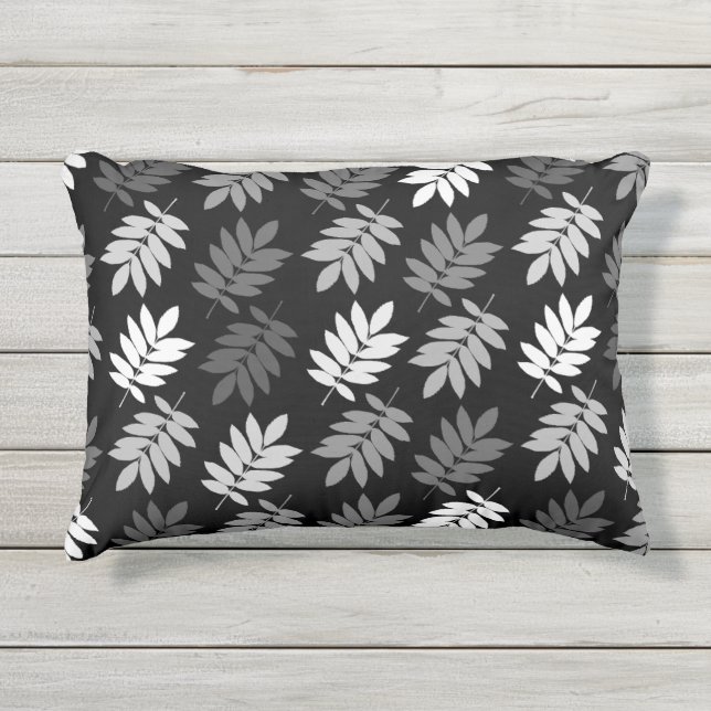 Coussin D'extérieur Motif de feuille aînée noir blanc gris (Devant)