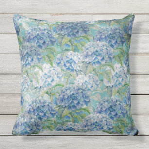 Coussin D'extérieur Motif de fleur floral vintage bleu d'hortensia