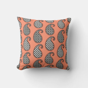 Coussin D'extérieur Motif de Paisley, orange de corail, noire et