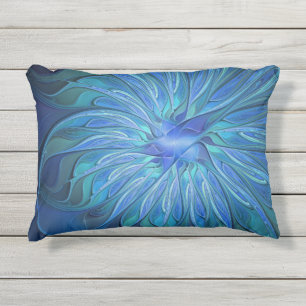 Coussin D'extérieur Motif fantaisie fleur bleue, art fractal abstrait