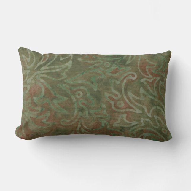 Coussin D'extérieur Motif Feuillage Vert Rouille Batik Boho (Recto)