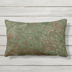 Coussin D'extérieur Motif Feuillage Vert Rouille Batik Boho