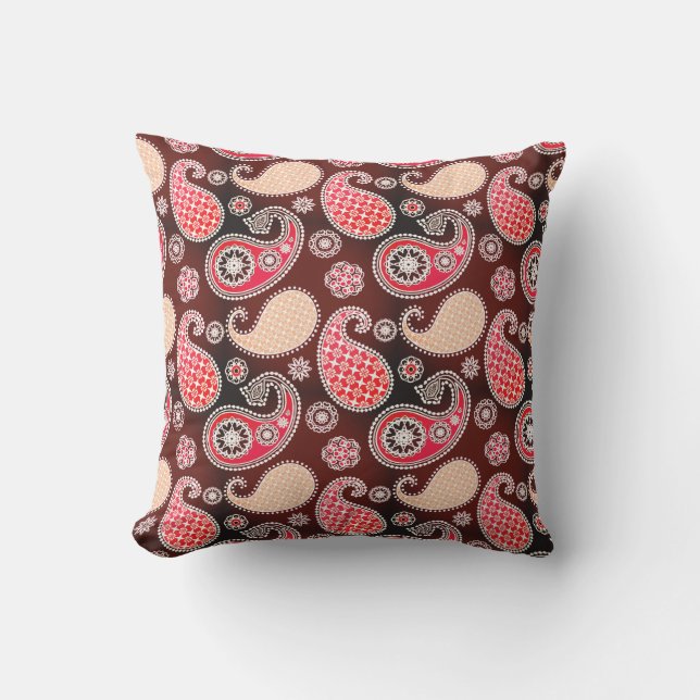 Coussin D'extérieur Motif Paisley, corail et chocolat (Recto)