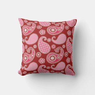 Coussin D'extérieur Motif Paisley, rouge foncé, rose et blanc