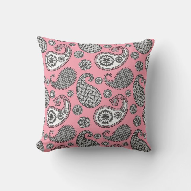 Coussin D'extérieur Motif Paisley, tons gris sur rose (Recto)