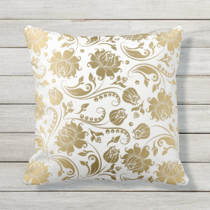 Coussin D'extérieur Motif Vintage blanc et or réversible