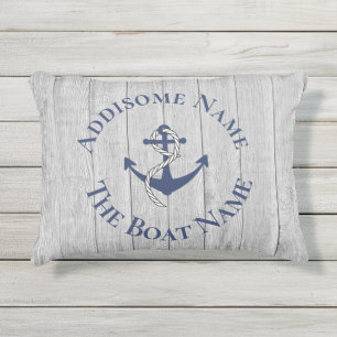 Coussin D'extérieur Nautical Family Boat Name Navy Anchor  gray wood A