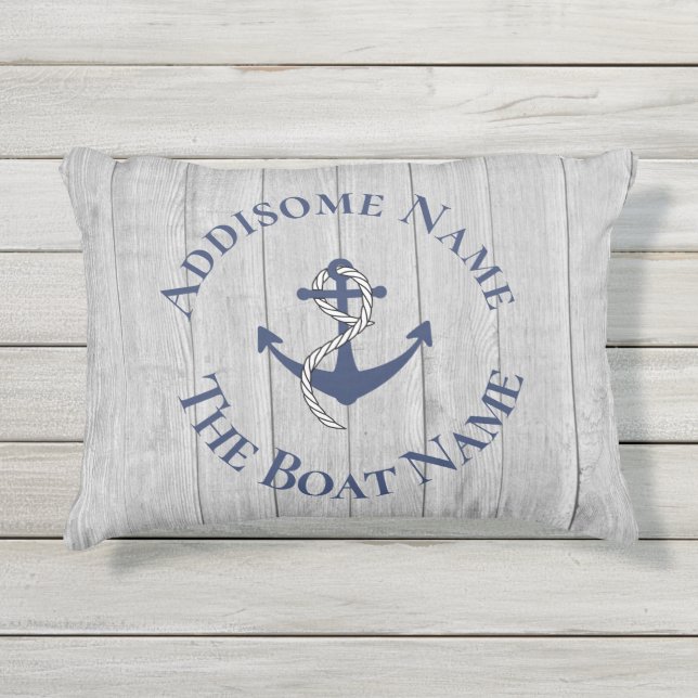 Coussin D'extérieur Nautical Family Boat Name Navy Anchor  gray wood A (Devant)