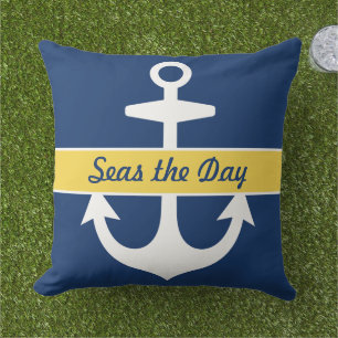 Coussin D'extérieur Nautical Navy Blue and Yellow Custom Boat Name