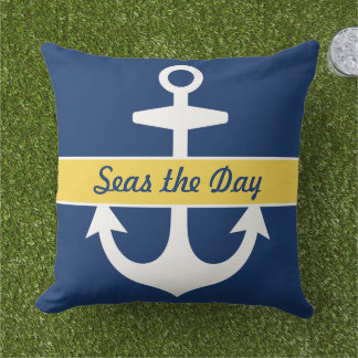 Coussin D'extérieur Nautical Navy Blue and Yellow Custom Boat Name
