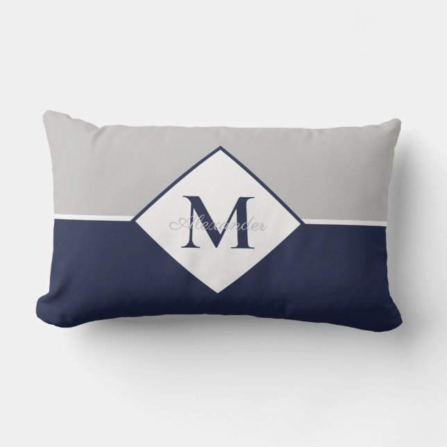 Coussin D'extérieur Nautique moderne Marine bleu gris monogramme lance (Recto)