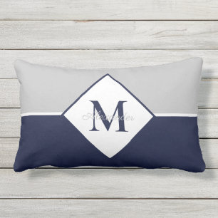 Coussin D'extérieur Nautique moderne Marine bleu gris monogramme lance