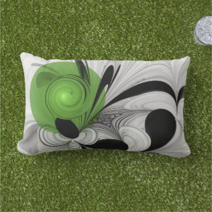 Coussin D'extérieur Noir Abstrait et blanc avec art fractal vert