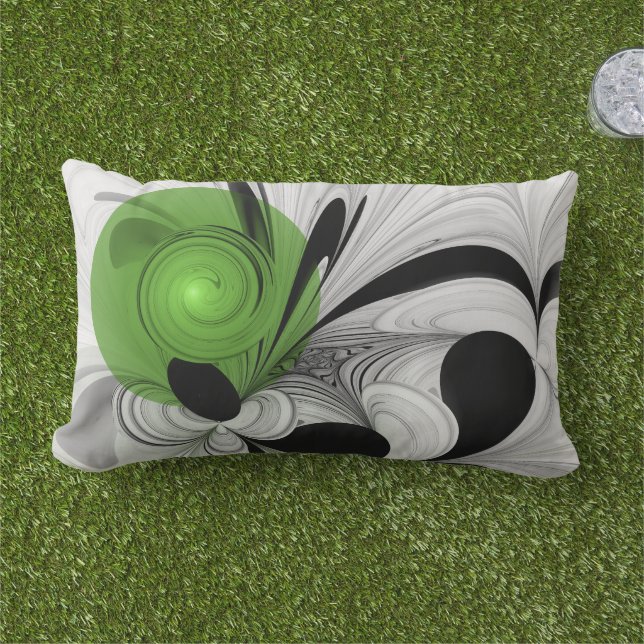 Coussin D'extérieur Noir Abstrait et blanc avec art fractal vert (Herbe)