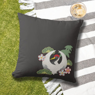Coussin D'extérieur Noir blanc de grue de symboles chanceux japonais