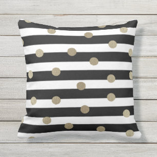 Coussin D'extérieur Noir, blanc et point et rayure d'or