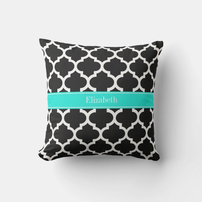 Coussin D'extérieur Noir Blanc Marocain #5 Brt Nom Aqua Monogramme (Recto)