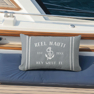 Coussin D'extérieur Nom de bateau personnalisé bleu et blanc Ancre
