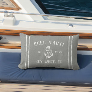 Coussin D'extérieur Nom de bateau personnalisé gris et blanc Ancre