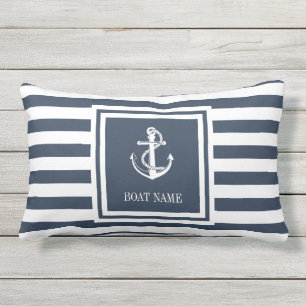 Coussin D'extérieur Nom du bateau bleu marine rayé ancre nautique